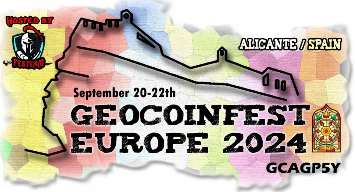 Cartel Anunciador del Festival GeocoinFest Europa, juego de localización de objetos y coleccionismo